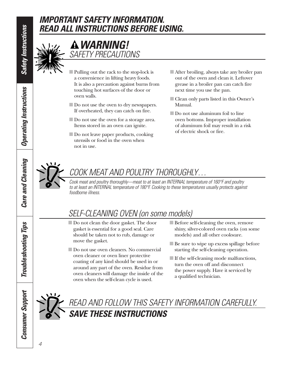 Warning, Cook meat and poultry thoroughly, Safety precautions | GE JRS06 User Manual | Page 4 / 24