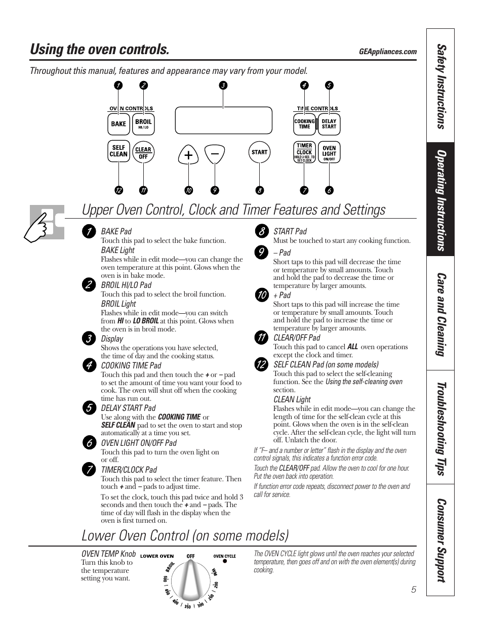 Oven, Oven –14, Using the oven controls | Lower oven control (on some models) | GE JRS06 User Manual | Page 5 / 24