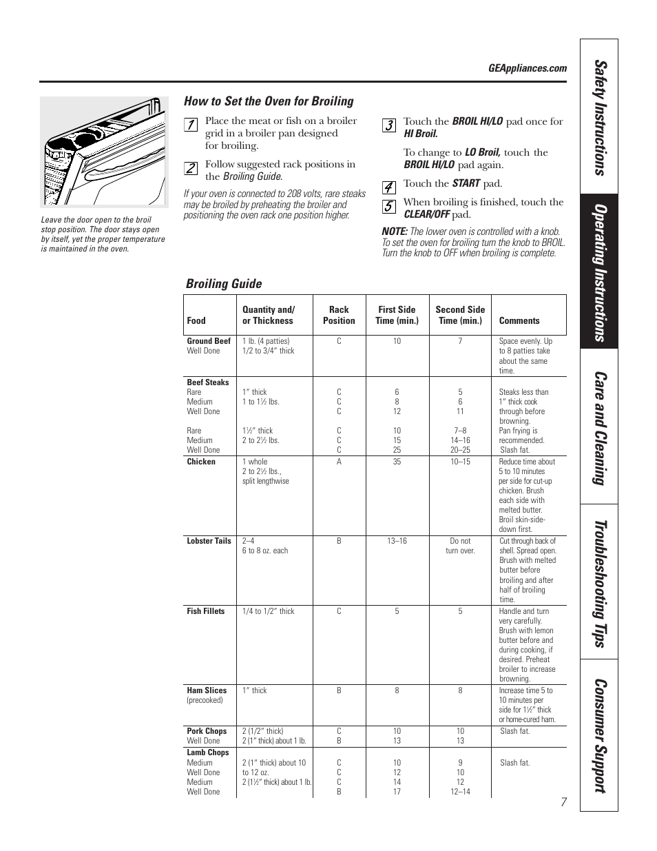 How to set the oven for broiling, Broiling guide | GE JRS06 User Manual | Page 7 / 24