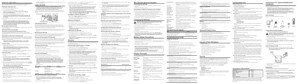 Handset sound signals, Troubleshooting guide, Intercom operation | Caller id (cid), Belt clip and optional headset, Changing the battery, Battery safety precautions, General product care, Causes of poor reception, Service | GE 00015922 User Manual | Page 2 / 2