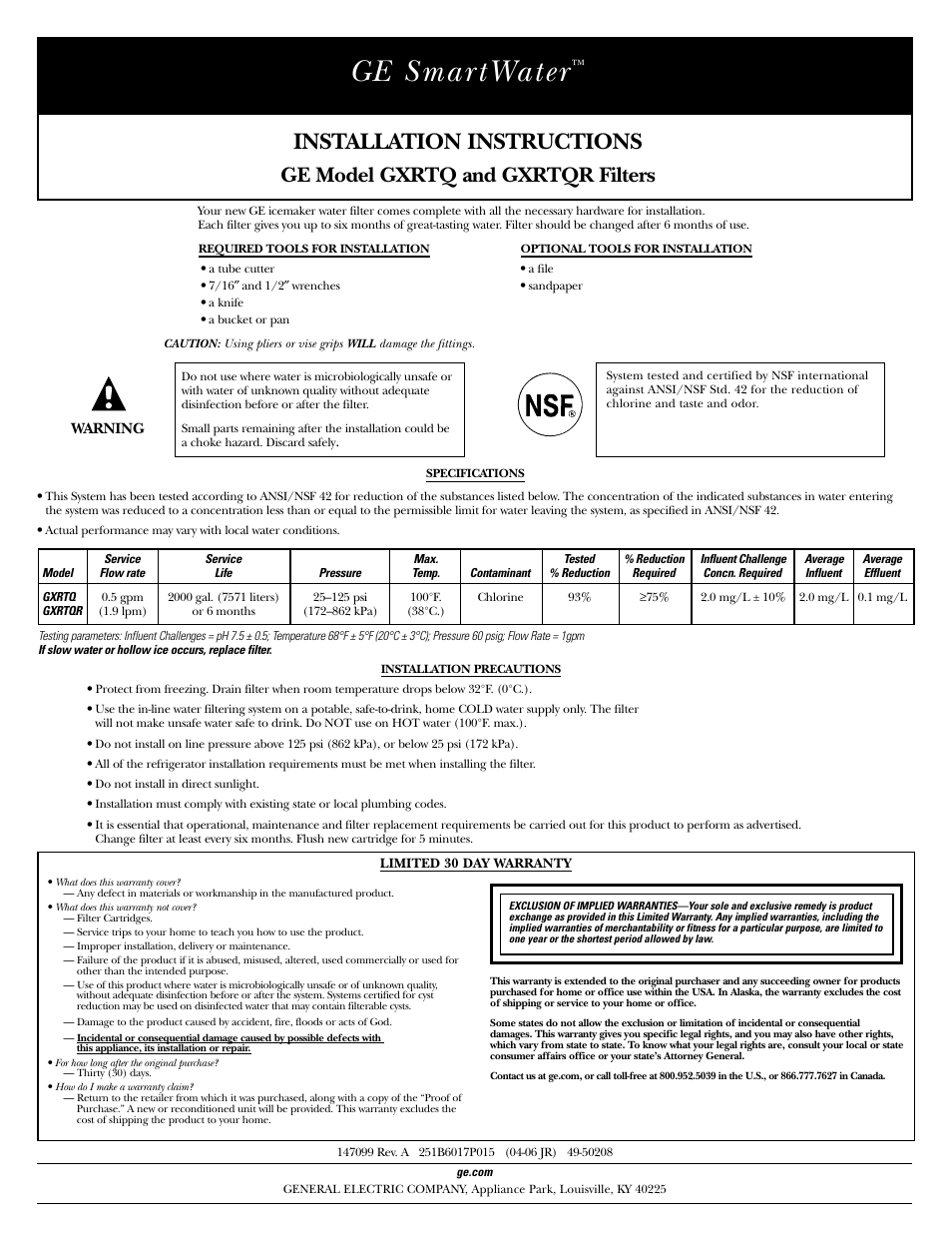 GE SmartWater GXRTQR User Manual | 4 pages