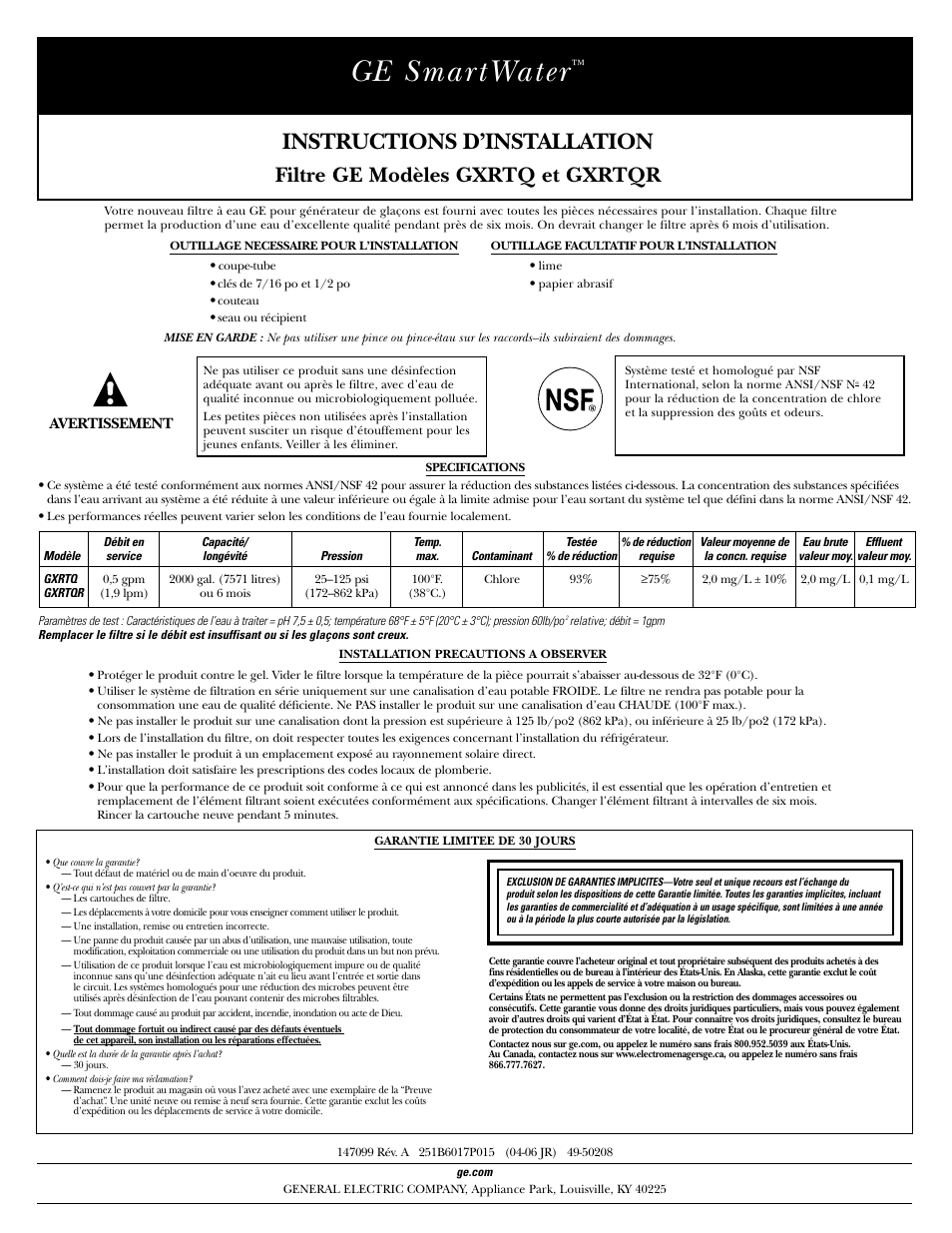 Français, Outillage necessaire pour l’installation, Outillage facultatif pour l’installation | Specifications, Garantie limitee de 30 jours, Ge smar twater, Instructions d’installation, Filtre ge modèles gxrtq et gxrtqr | GE SmartWater GXRTQR User Manual | Page 2 / 4