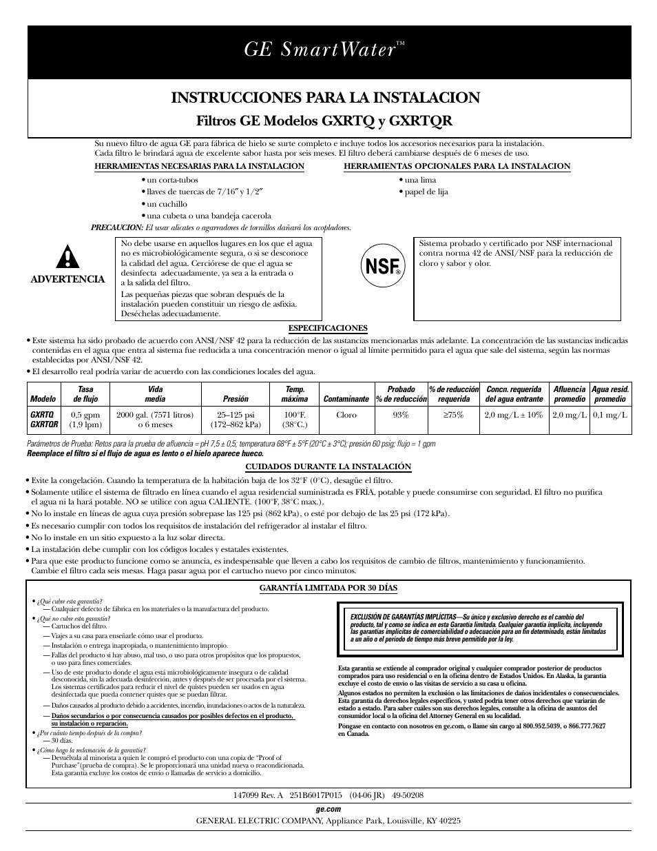 Español, Herramientas necesarias para la instalacion, Herramientas opcionales para la instalacion | Especificaciones, Cuidados durante la instalación, Garantía limitada por 30 días, Ge smar twater, Instrucciones para la instalacion, Filtros ge modelos gxrtq y gxrtqr | GE SmartWater GXRTQR User Manual | Page 3 / 4