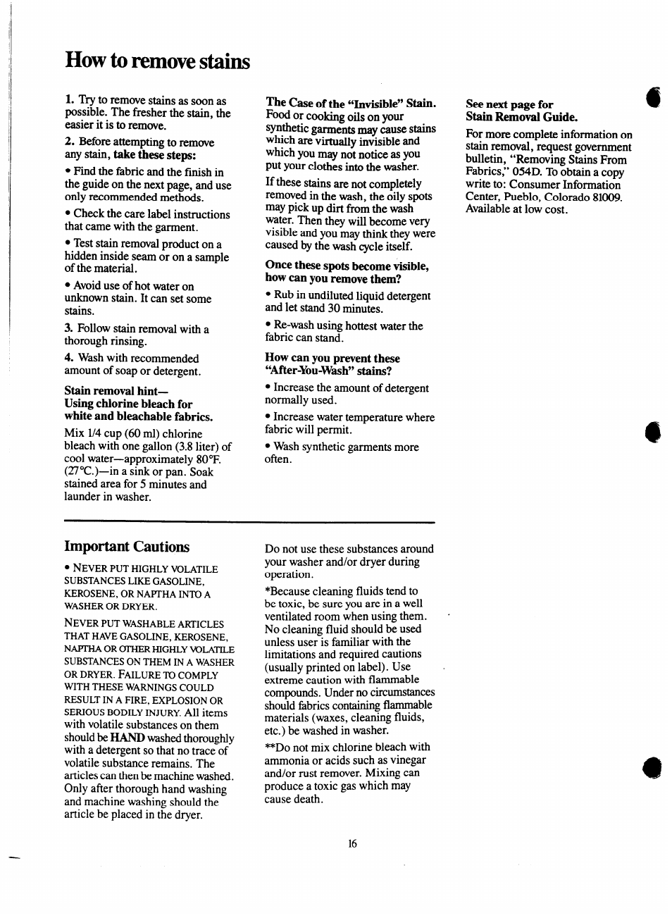 Important cautions, How to remove stains | GE Spacemaker WSM2000H User Manual | Page 16 / 28
