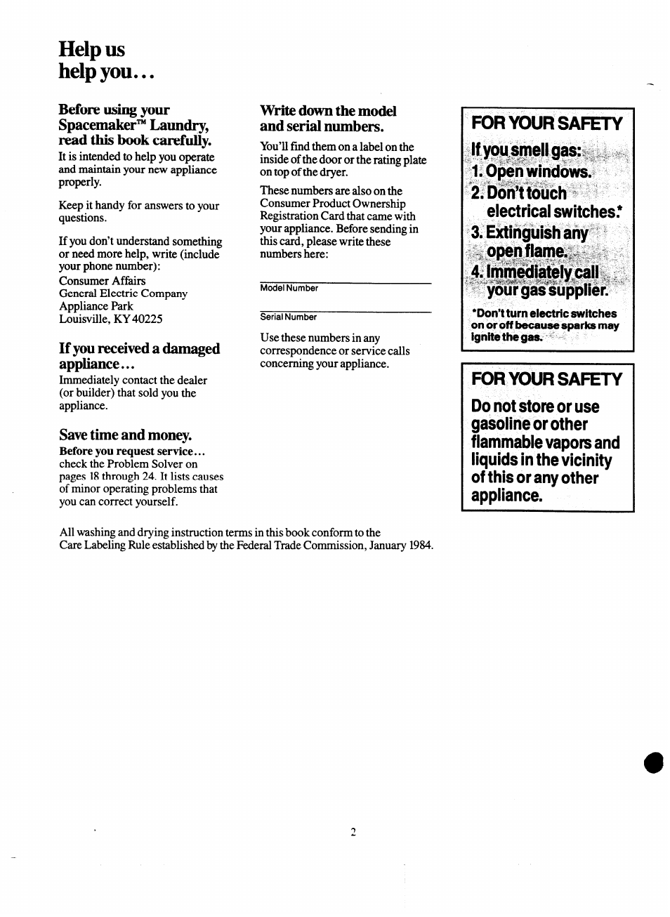 Before using your spacemaker™ laundry, If you received a damaged appliance, Save time and money | Open flame, Appliance | GE Spacemaker WSM2000H User Manual | Page 2 / 28