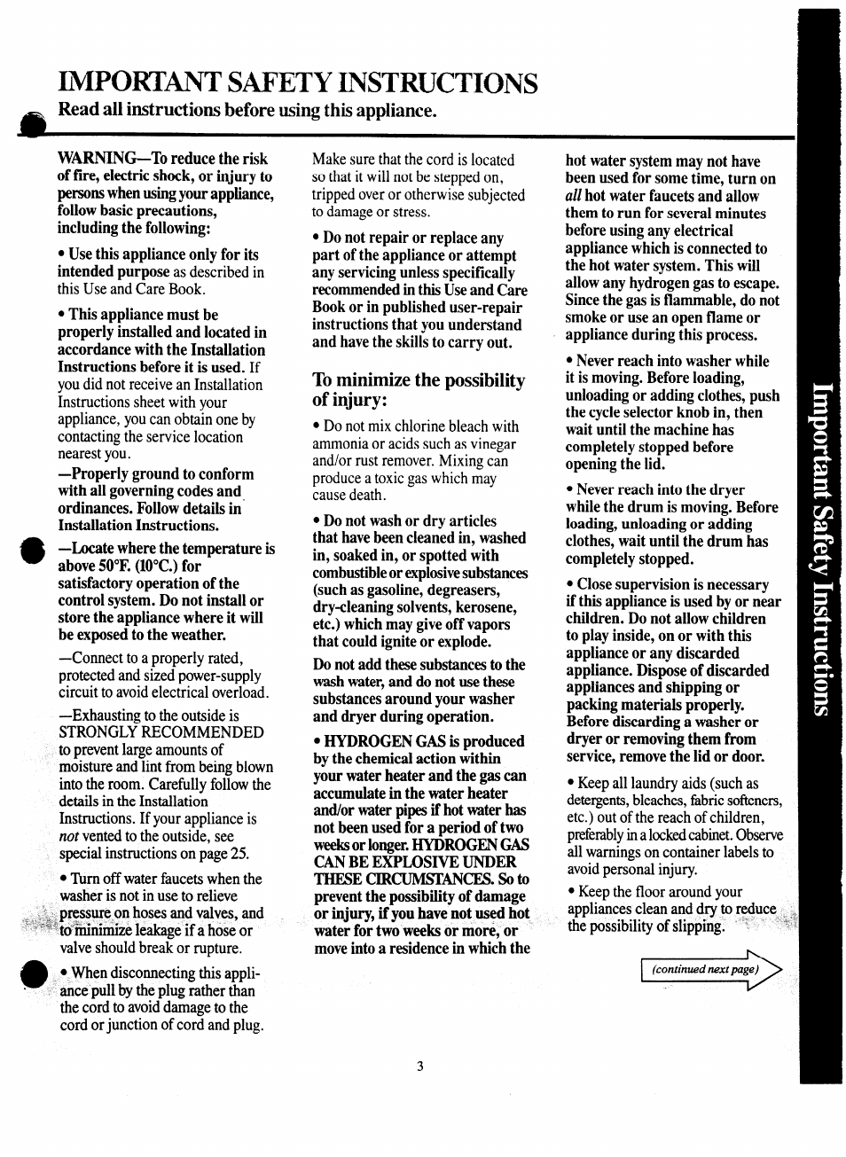 Read all instructions before using this appliance, To minimize the possibility of injury, Important safety instructions | GE Spacemaker WSM2000H User Manual | Page 3 / 28