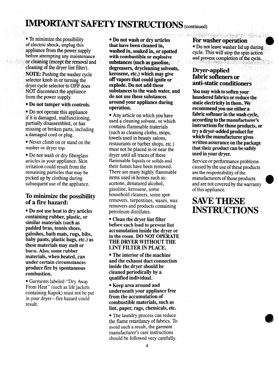 To minimize the possibility of a fire hazard, For washer operation, Fabric soteners or | Important safety instructions, Save these, Tnstrttrttnivr | GE Spacemaker WSM2000H User Manual | Page 4 / 28