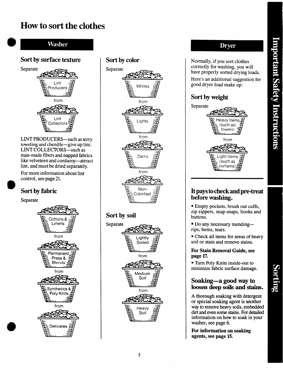 Dryer, Sort by surface texture, Sort by fabric | Sort by color, Sort by soil, Sort by weight, It pays to check and pre-treat before washing, Soakii^—a good way to, Lint, Ec producersf'o | GE Spacemaker WSM2000H User Manual | Page 5 / 28