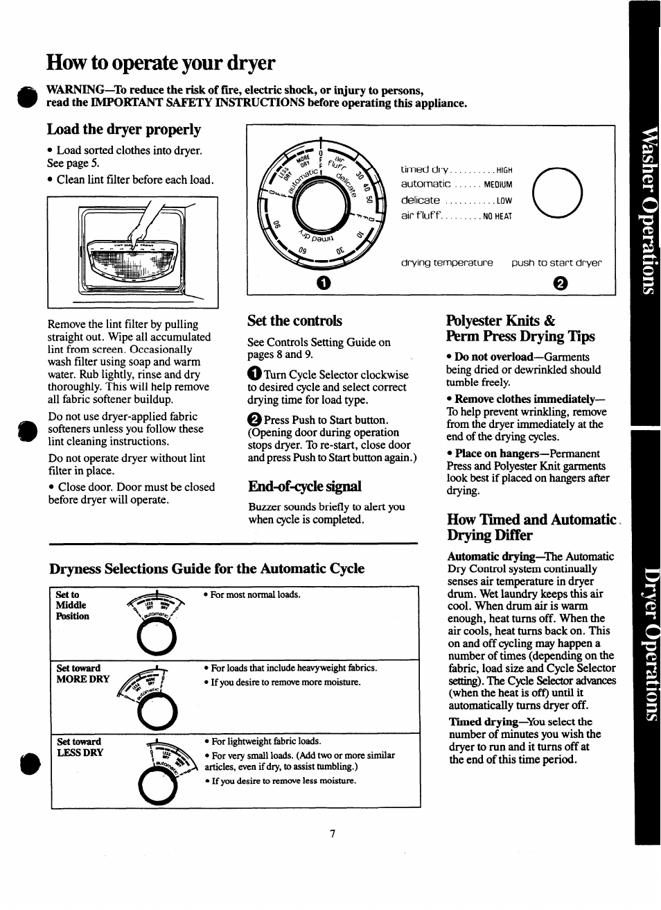 Load the dryer properly, End-ofri^cle signal, Perm press drying tips | How timed and automatic, How to operate your dryer | GE Spacemaker WSM2000H User Manual | Page 7 / 28