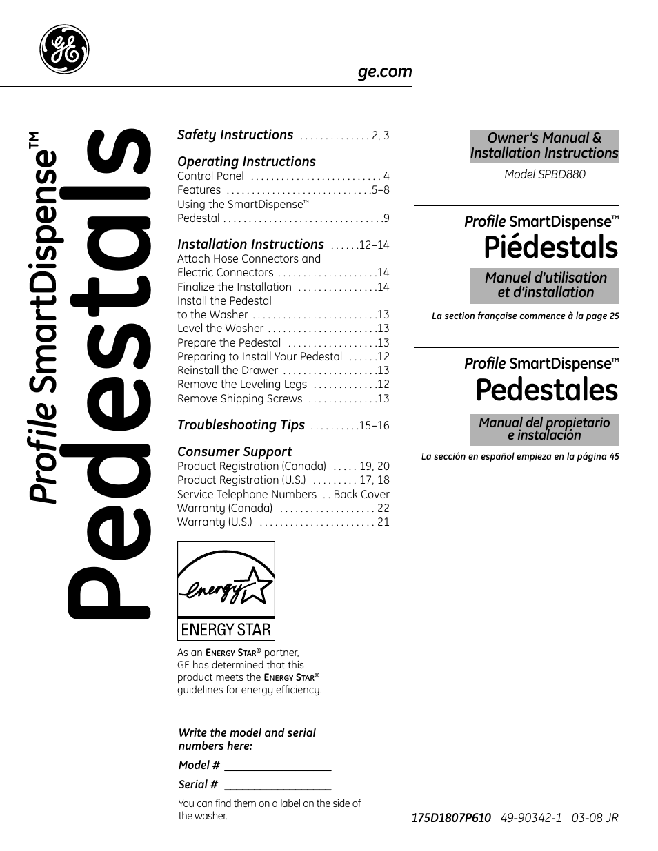 GE Profile SmartDispense SPBD880 User Manual | 64 pages