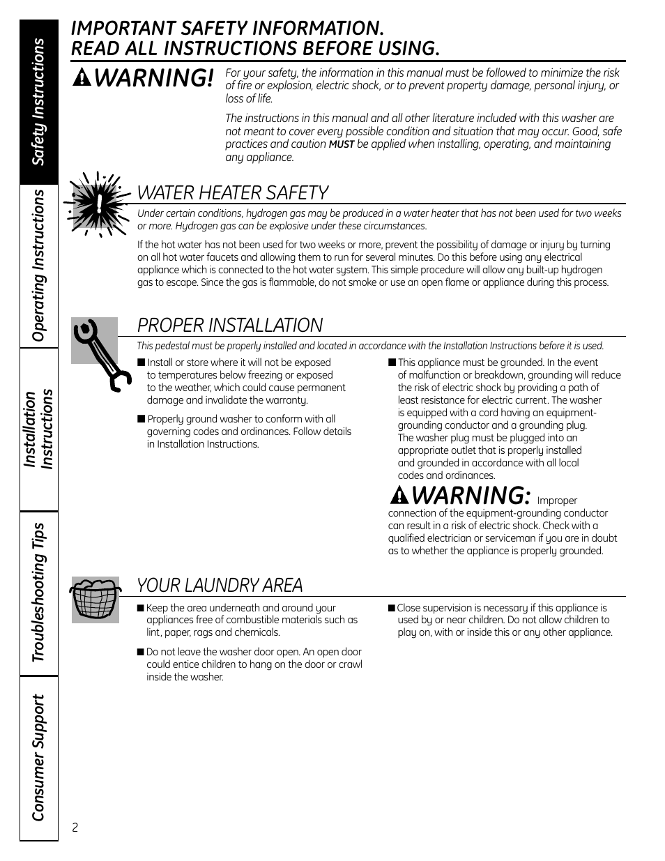 Safety instructions, Warning, Water heater safety | Proper installation, Your laundry area | GE Profile SmartDispense SPBD880 User Manual | Page 2 / 64