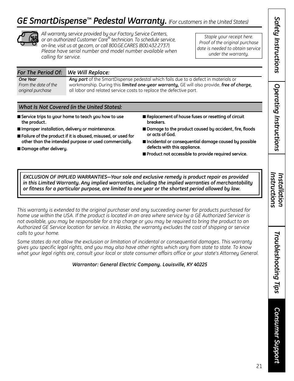 Warranty (u.s.), Ge smartdispense, Pedestal warranty | GE Profile SmartDispense SPBD880 User Manual | Page 21 / 64