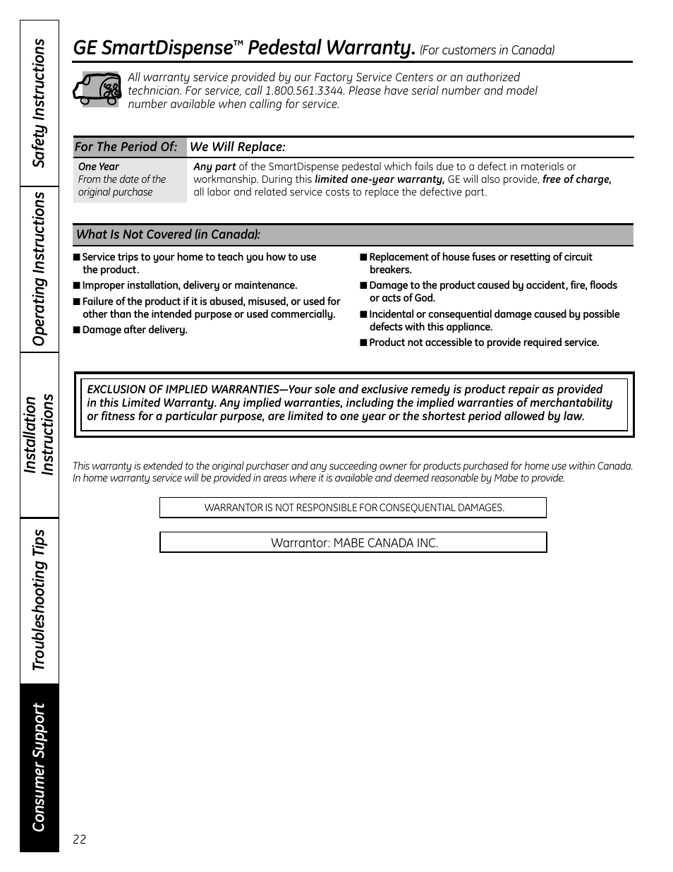 Warranty (canada), Ge smartdispense, Pedestal warranty | GE Profile SmartDispense SPBD880 User Manual | Page 22 / 64