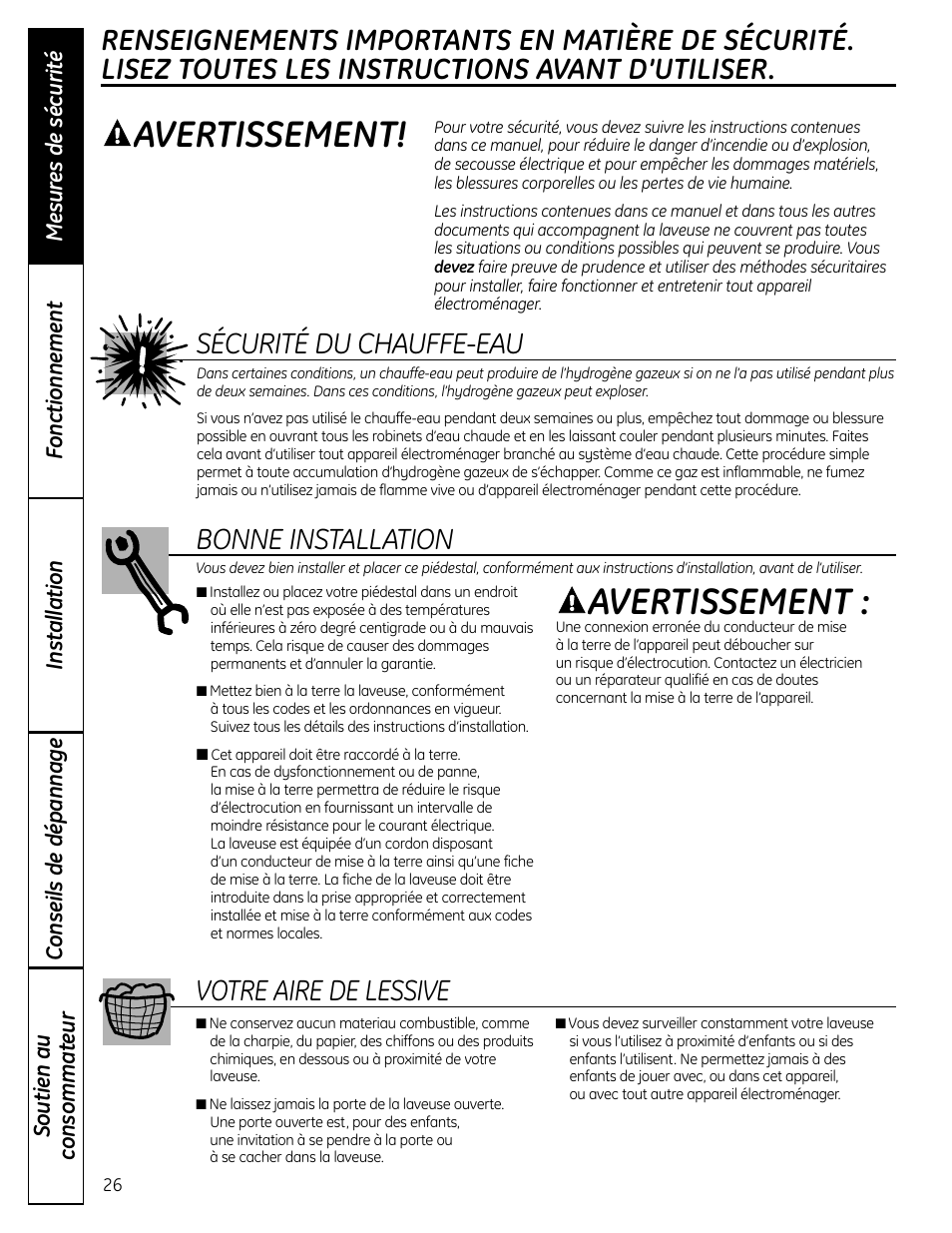 Mesures de sécurité, Avertissement, Sécurité du chauffe-eau | Bonne installation, Votre aire de lessive | GE Profile SmartDispense SPBD880 User Manual | Page 26 / 64