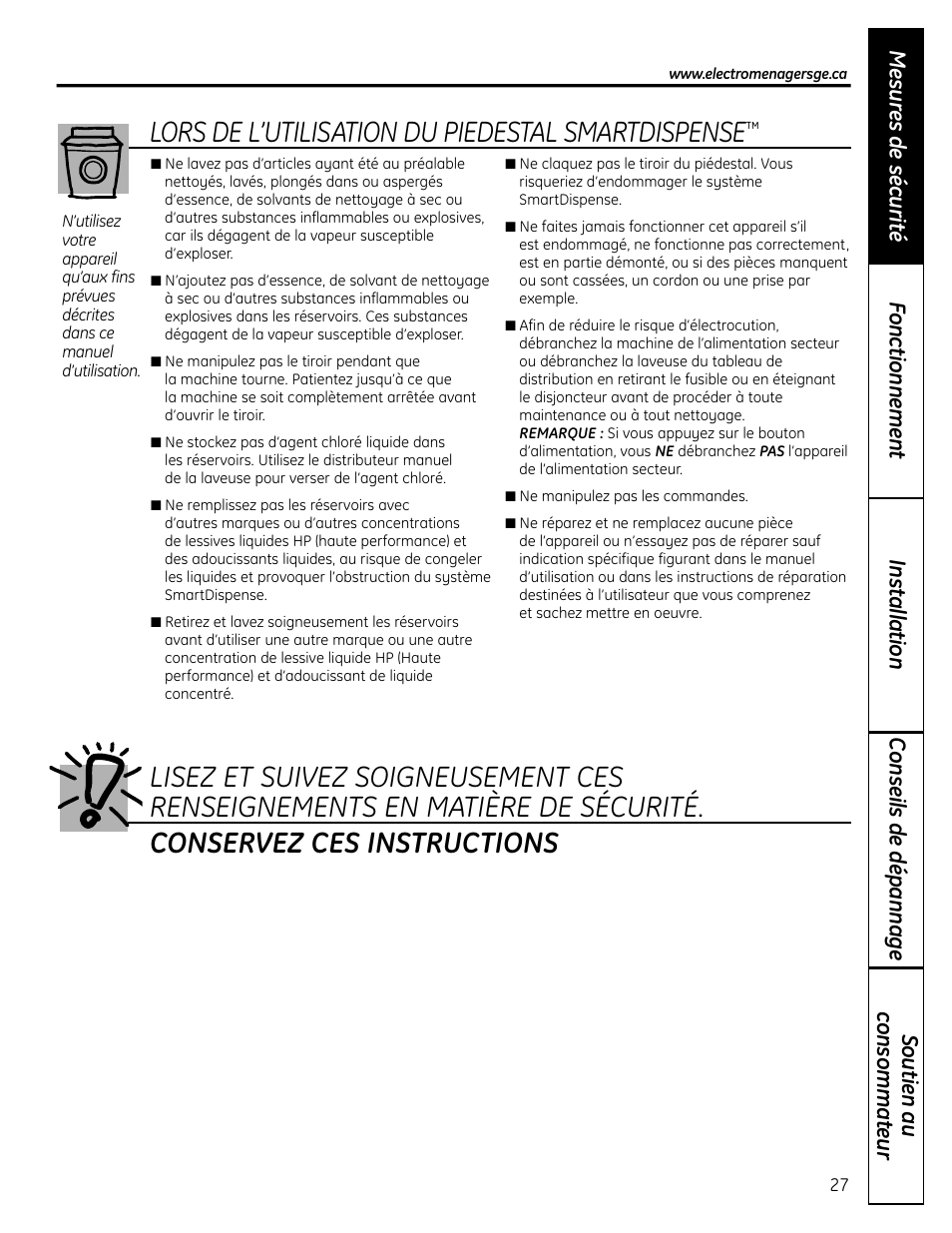 Lors de l’utilisation du piedestal smartdispense | GE Profile SmartDispense SPBD880 User Manual | Page 27 / 64