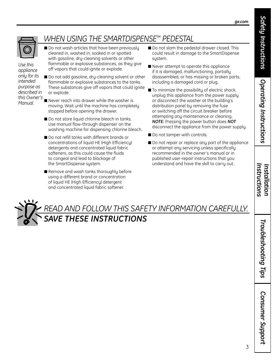 When using the smartdispense | GE Profile SmartDispense SPBD880 User Manual | Page 3 / 64