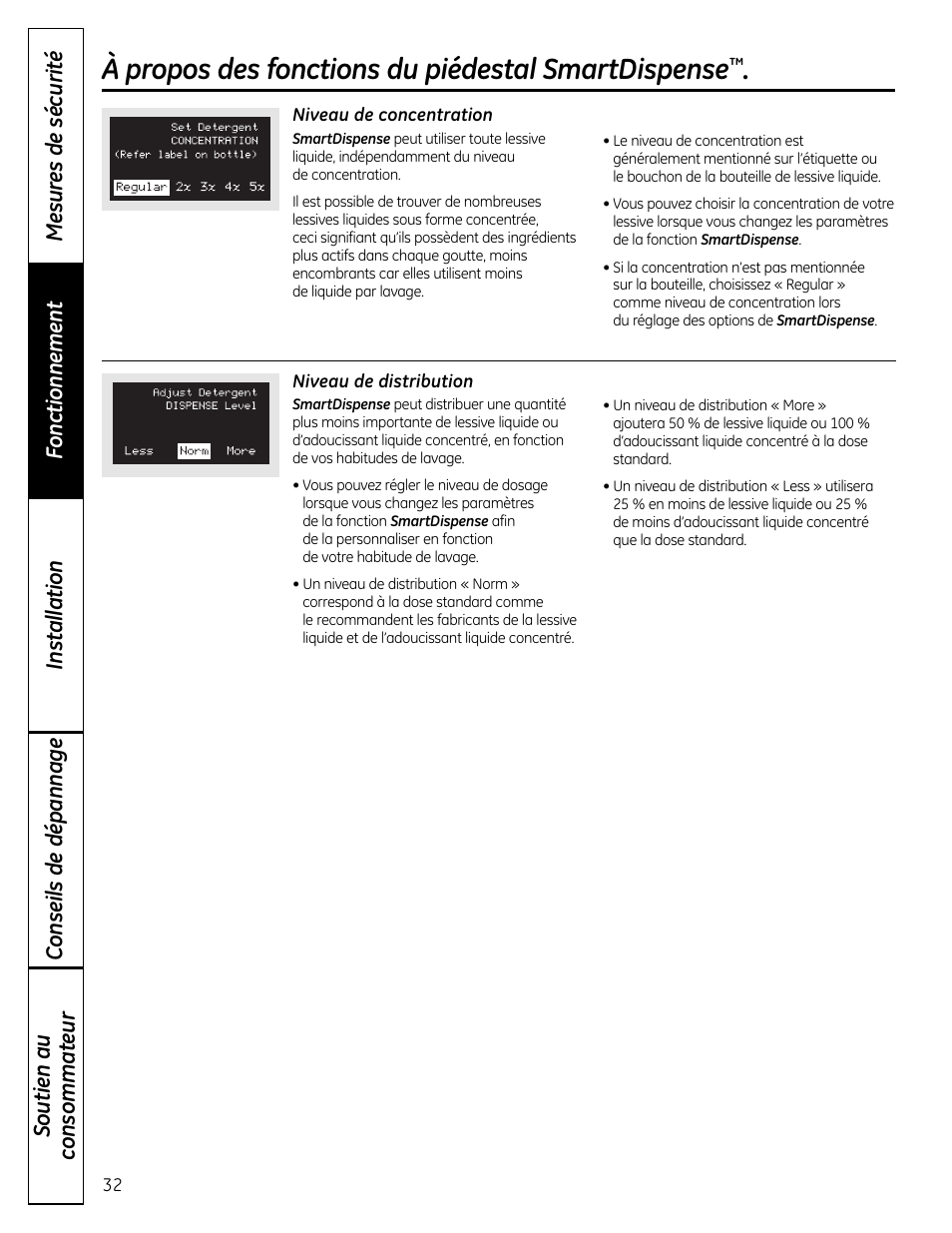 À propos des fonctions du piédestal smartdispense | GE Profile SmartDispense SPBD880 User Manual | Page 32 / 64