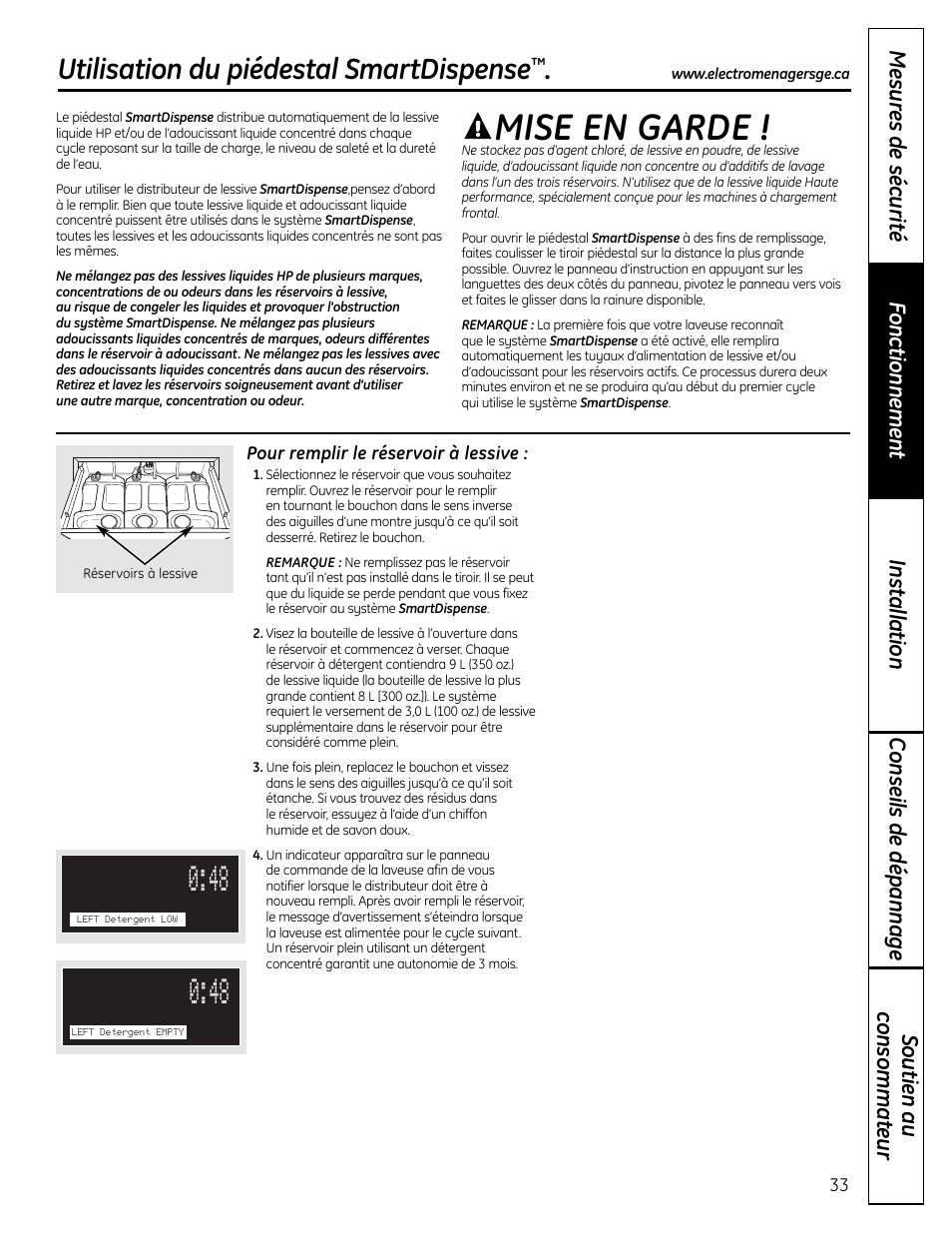 Utilisation du piédestalsmartdispense, Utilisation du piédestal smartdispense, Mise en garde | GE Profile SmartDispense SPBD880 User Manual | Page 33 / 64