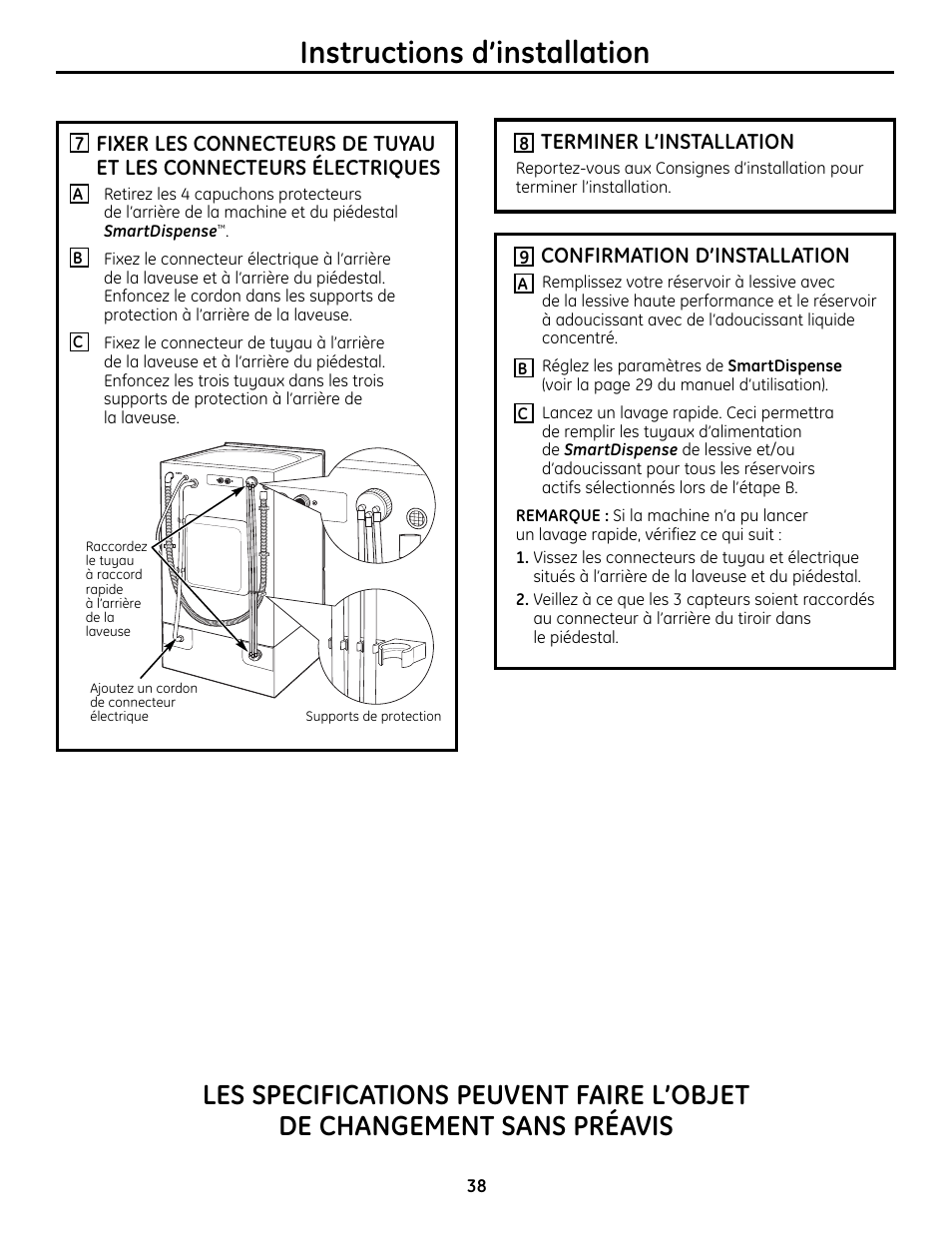 Terminer l’installation, Instructions d’installation | GE Profile SmartDispense SPBD880 User Manual | Page 38 / 64