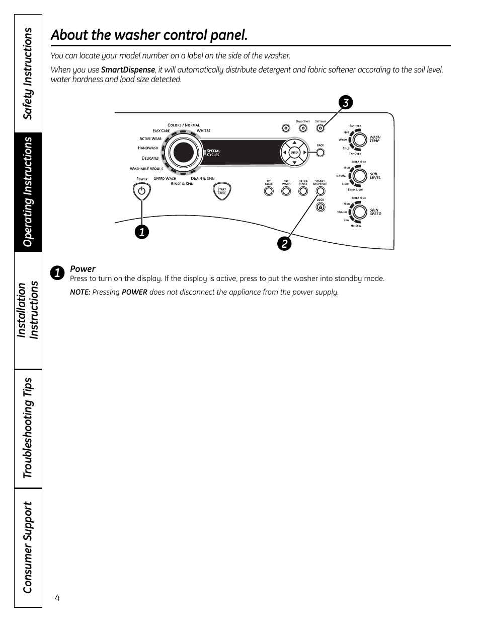 Control panel, About the washer control panel | GE Profile SmartDispense SPBD880 User Manual | Page 4 / 64