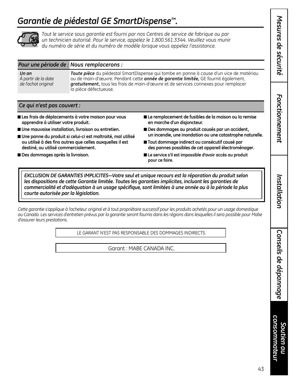 Garantie, Garantie de piédestal ge smartdispense | GE Profile SmartDispense SPBD880 User Manual | Page 43 / 64