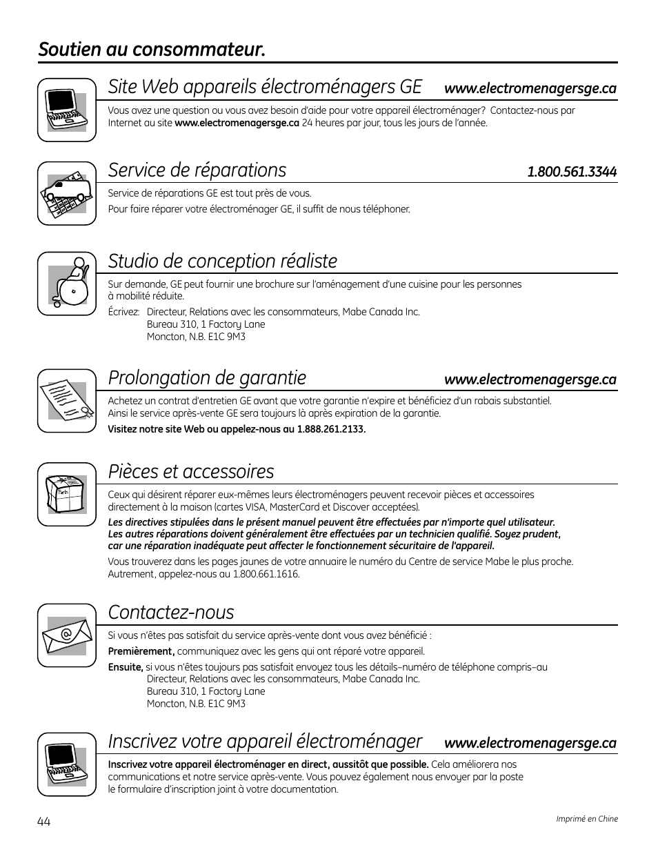 Numéros de téléphonedu service, Numéros de téléphone du service, Service de réparations | Studio de conception réaliste, Prolongation de garantie, Pièces et accessoires, Contactez-nous, Inscrivez votre appareil électroménager | GE Profile SmartDispense SPBD880 User Manual | Page 44 / 64