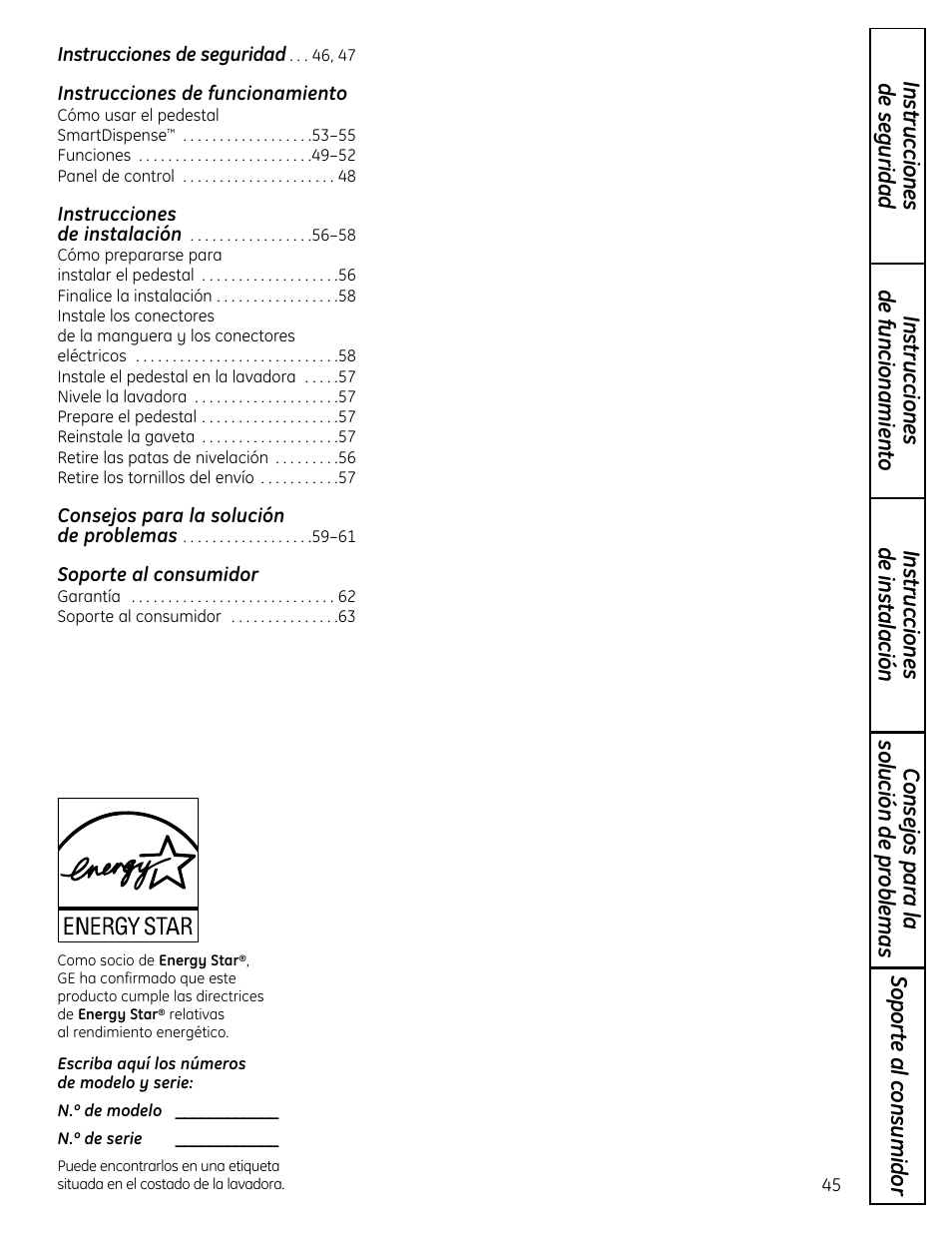 Instrucciones de funcionamiento, Soporte al consumidor | GE Profile SmartDispense SPBD880 User Manual | Page 45 / 64