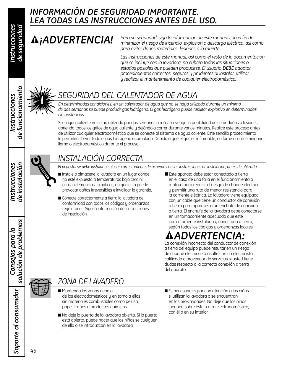 Instrucciones de seguridad, Advertencia, Seguridad del calentador de agua | Instalación correcta, Zona de lavadero | GE Profile SmartDispense SPBD880 User Manual | Page 46 / 64