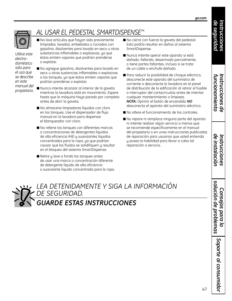 Al usar el pedestal smartdispense | GE Profile SmartDispense SPBD880 User Manual | Page 47 / 64