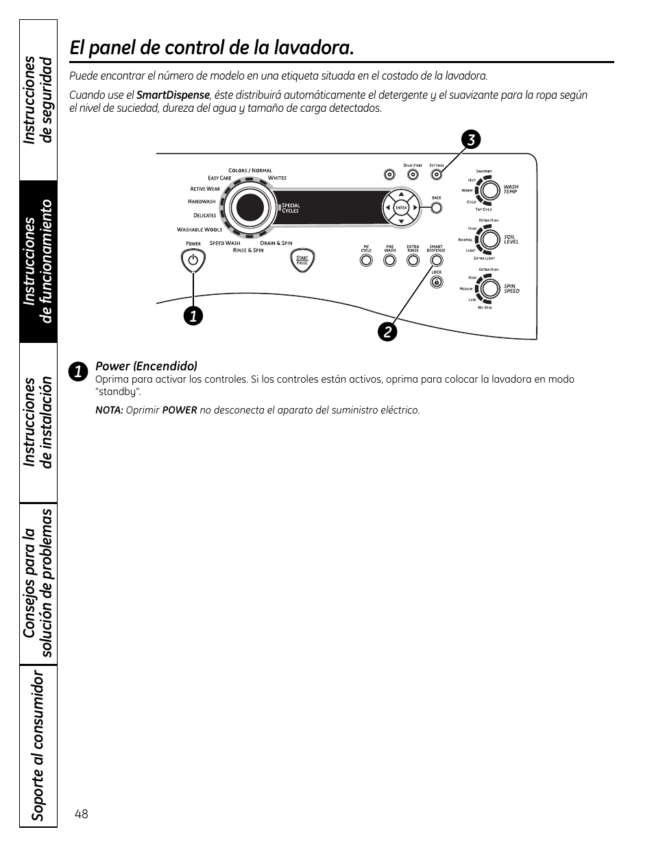 Panel de control, El panel de control de la lavadora | GE Profile SmartDispense SPBD880 User Manual | Page 48 / 64