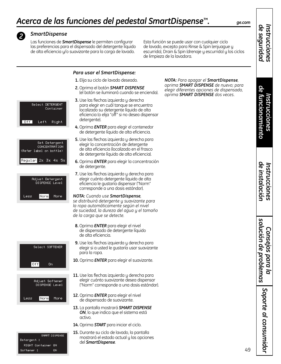 Funciones, Funciones –52, Acerca de las funciones del pedestal smartdispense | GE Profile SmartDispense SPBD880 User Manual | Page 49 / 64