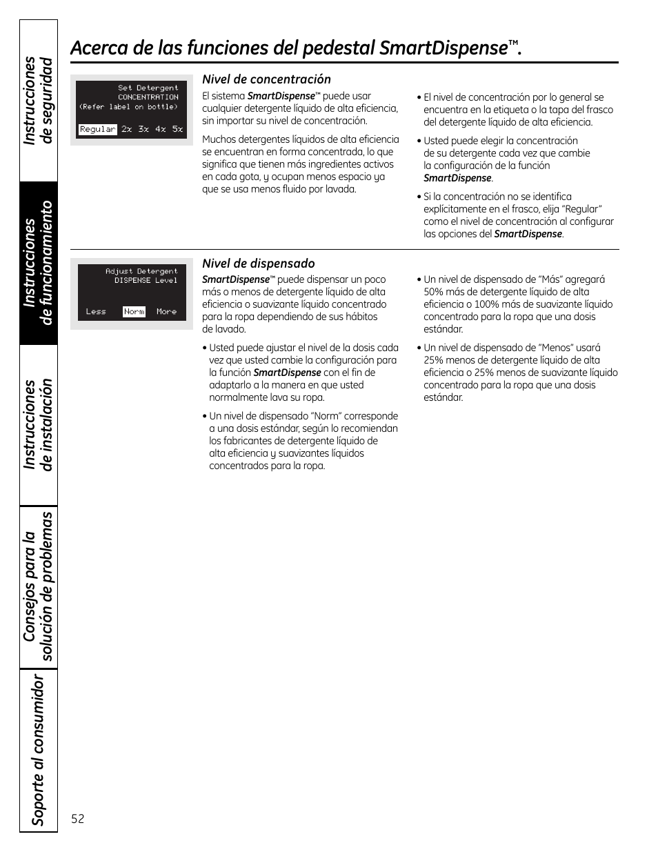 Acerca de las funciones del pedestal smartdispense | GE Profile SmartDispense SPBD880 User Manual | Page 52 / 64