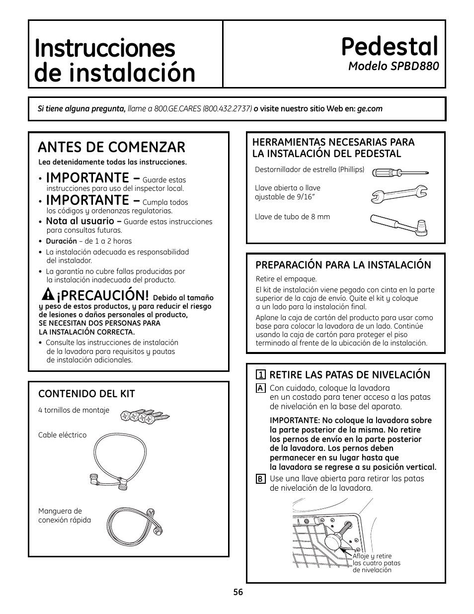 Instruccionesde instalación, Cómo prepararse parainstalar el pedestal, Retire las patas de nivelación | Instrucciones de instalación, Cómo prepararse para instalar el pedestal, Instrucciones pedestal de instalación, Antes de comenzar, Importante, Precaución, Modelo spbd880 | GE Profile SmartDispense SPBD880 User Manual | Page 56 / 64