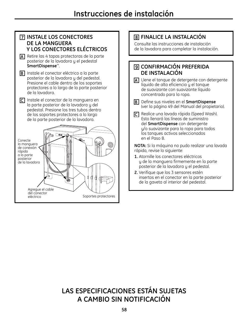 Finalice la instalación, Instrucciones de instalación | GE Profile SmartDispense SPBD880 User Manual | Page 58 / 64