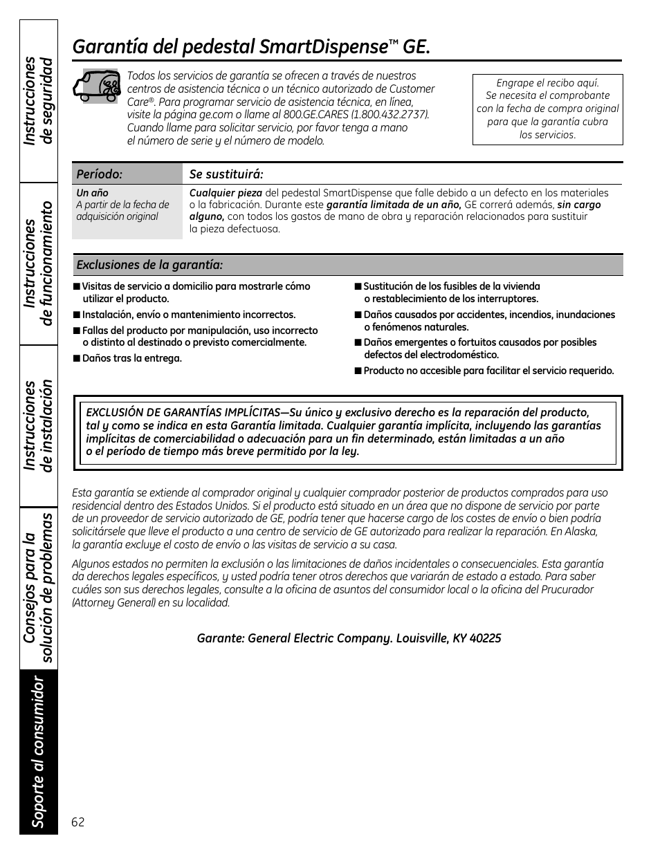 Garantía, Garantía del pedestal smartdispense | GE Profile SmartDispense SPBD880 User Manual | Page 62 / 64