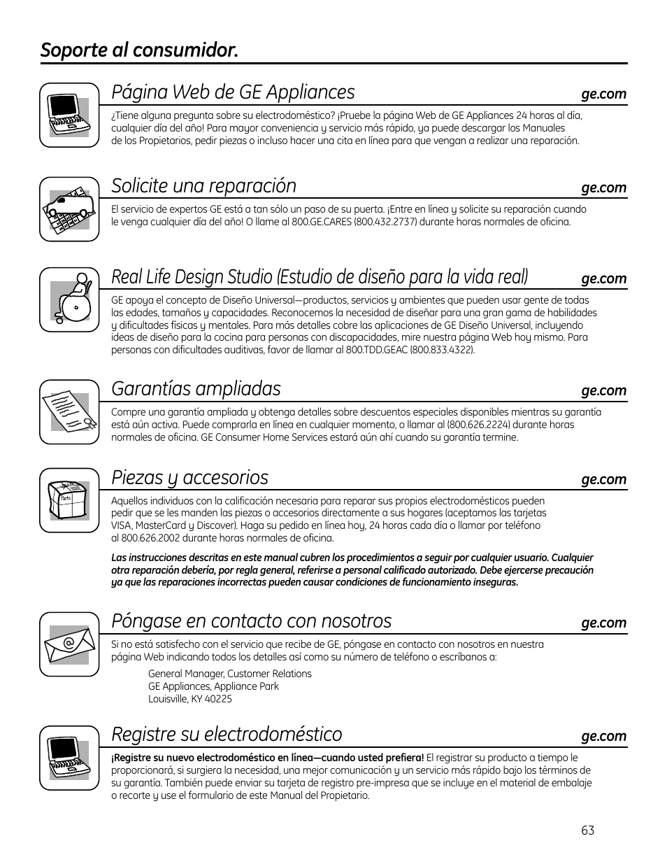 Soporte al consumidor, Soporte al consumidor. página web de ge appliances, Solicite una reparación | Garantías ampliadas, Piezas y accesorios, Póngase en contacto con nosotros, Registre su electrodoméstico | GE Profile SmartDispense SPBD880 User Manual | Page 63 / 64