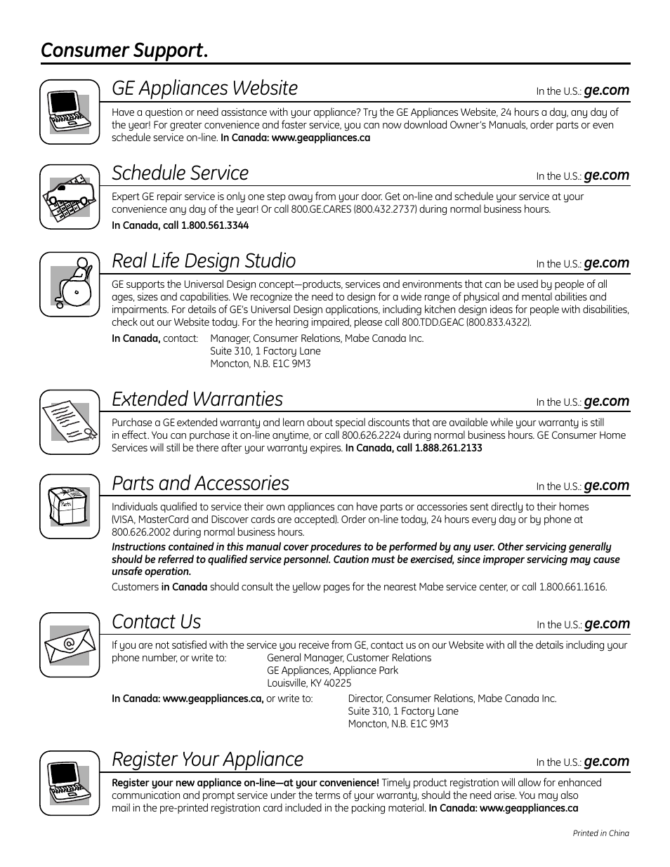 Service telephone numbers, Service telephone numbers . . back cover, Consumer support. ge appliances website | Schedule service, Real life design studio, Extended warranties, Parts and accessories, Contact us, Register your appliance | GE Profile SmartDispense SPBD880 User Manual | Page 64 / 64