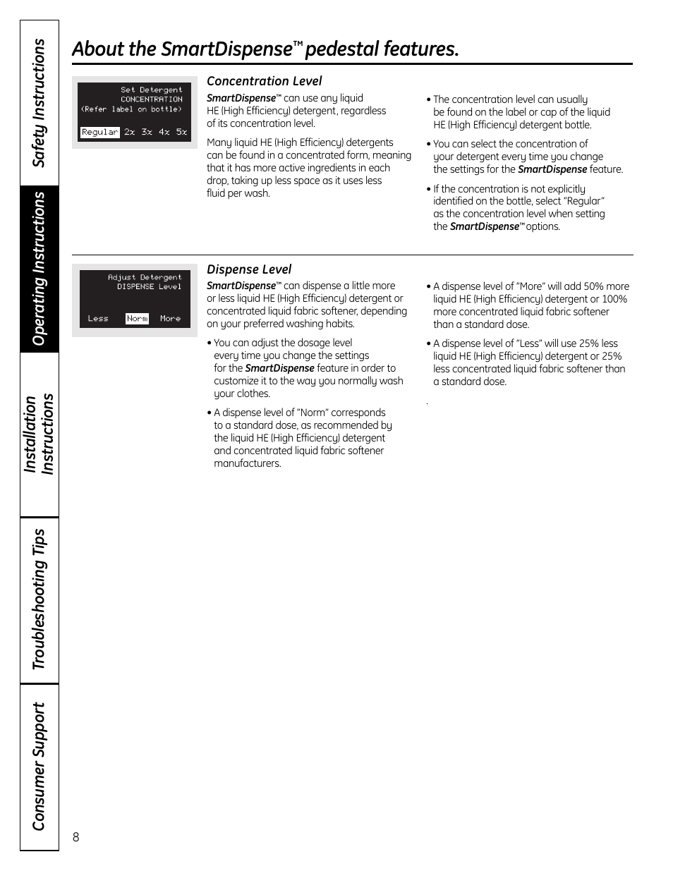 About the smartdispense, Pedestal features | GE Profile SmartDispense SPBD880 User Manual | Page 8 / 64