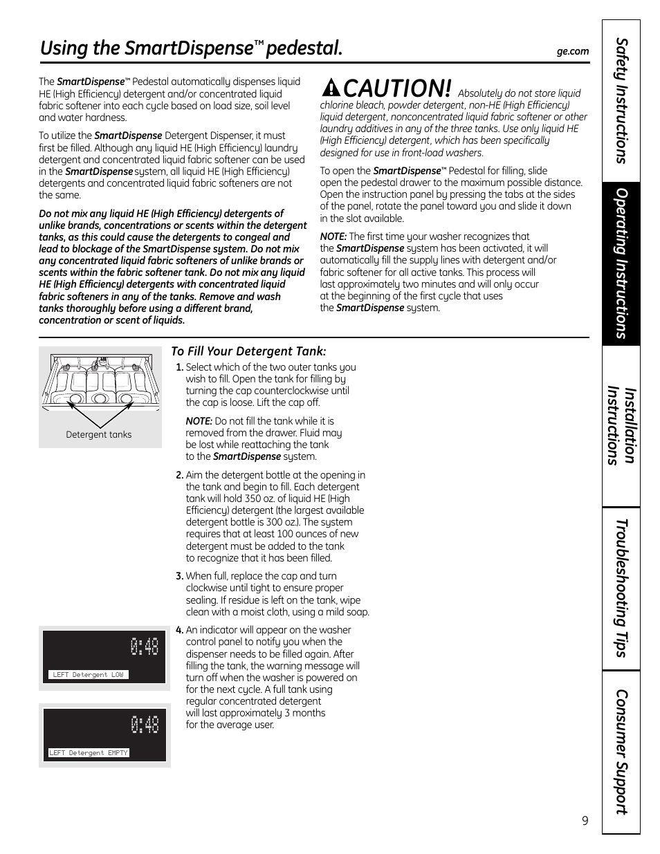 Using the smartdispense™pedestal, Using the smartdispense, Pedestal | Caution | GE Profile SmartDispense SPBD880 User Manual | Page 9 / 64