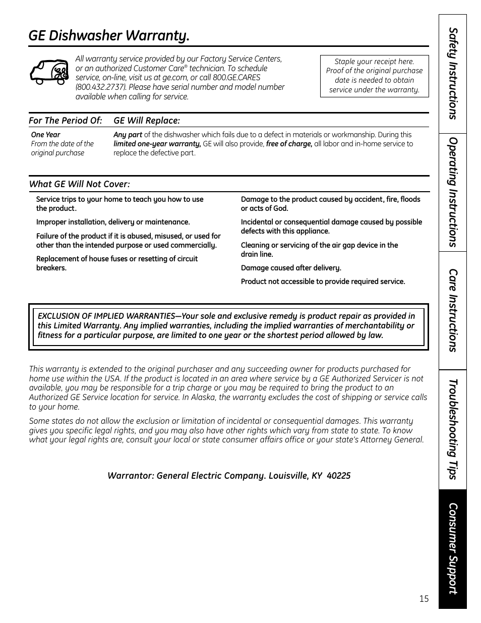 Ge dishwasher warranty | GE 165D4700P371 User Manual | Page 15 / 16