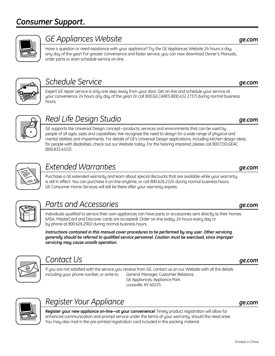 Consumer support. ge appliances website, Schedule service, Real life design studio | Extended warranties, Parts and accessories, Contact us, Register your appliance | GE 165D4700P371 User Manual | Page 16 / 16