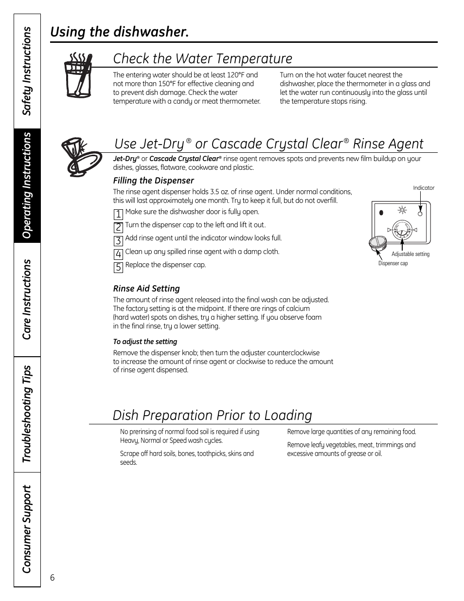 Or cascade crystal clear, Rinse agent, Dish preparation prior to loading | GE 165D4700P371 User Manual | Page 6 / 16