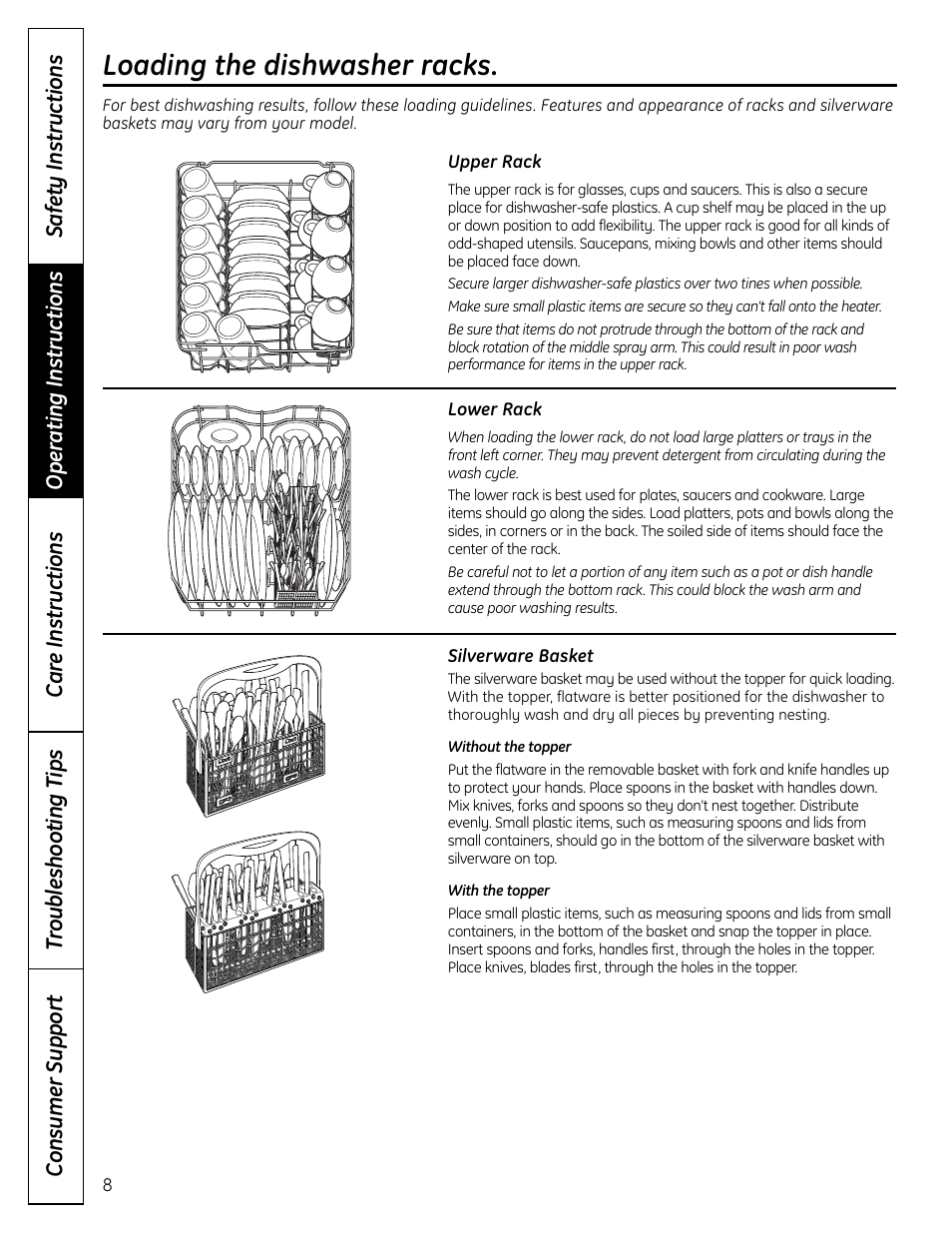 Loading the dishwasher racks | GE 165D4700P371 User Manual | Page 8 / 16