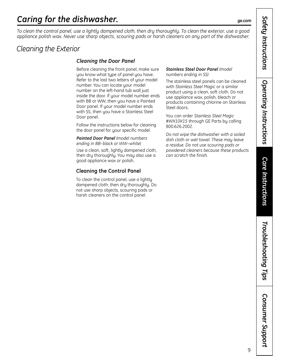 Caring for the dishwasher, Cleaning the exterior | GE 165D4700P371 User Manual | Page 9 / 16