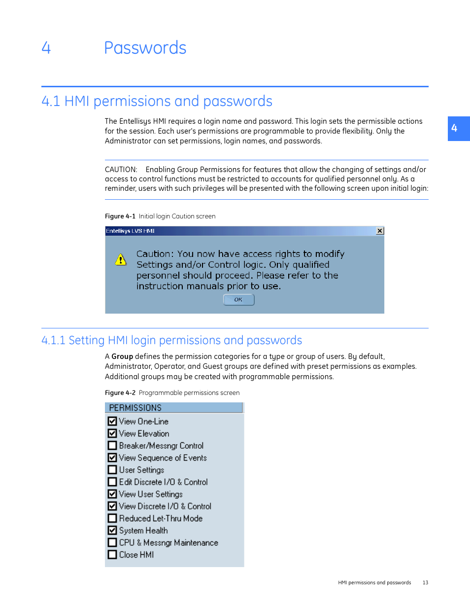 Passwords, 1 hmi permissions and passwords, 1 setting hmi login permissions and passwords | 4 passwords, 4passwords | GE Industrial Solutions Entellisys System Administrator Manual User Manual | Page 13 / 62