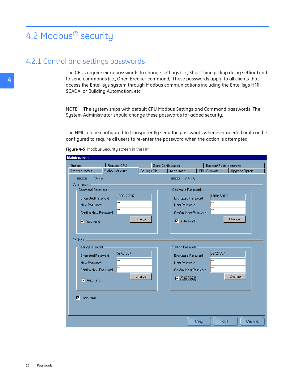 2 modbus® security, 1 control and settings passwords, 2 modbus | Security | GE Industrial Solutions Entellisys System Administrator Manual User Manual | Page 16 / 62