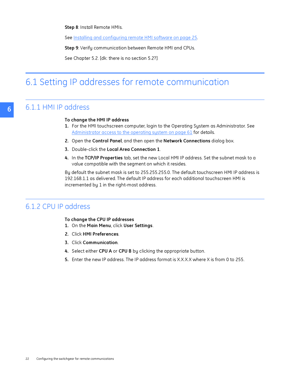 1 setting ip addresses for remote communication, 1 hmi ip address, 2 cpu ip address | 1 hmi ip address 6.1.2 cpu ip address | GE Industrial Solutions Entellisys System Administrator Manual User Manual | Page 22 / 62