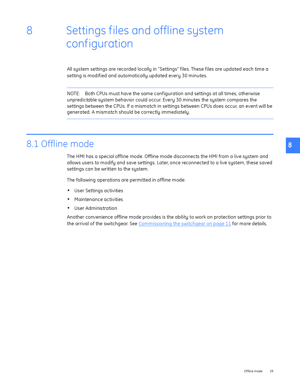 Settings files and offline system configuration, 1 offline mode, 8 settings files and offline system configuration | 8settings files and offline system configuration | GE Industrial Solutions Entellisys System Administrator Manual User Manual | Page 29 / 62