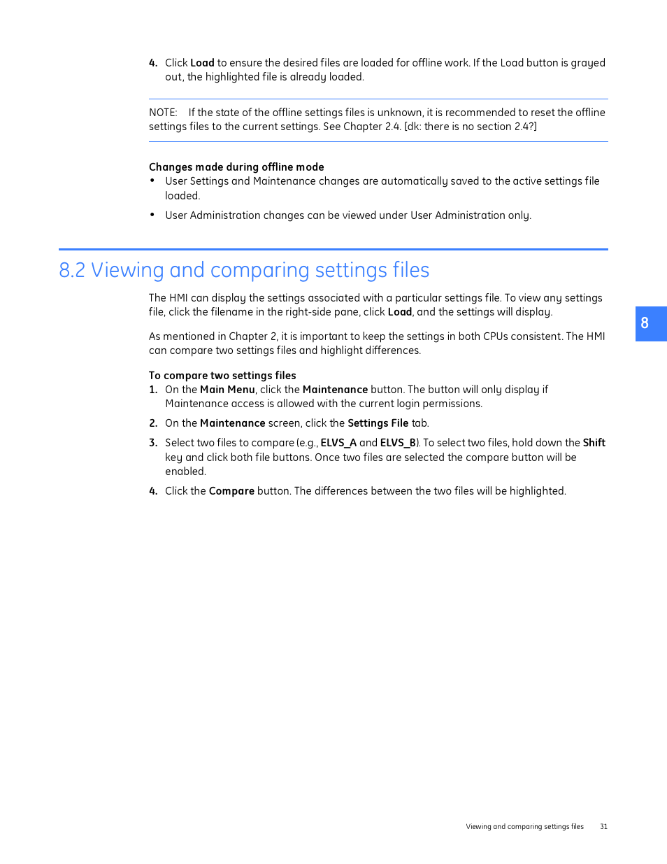 2 viewing and comparing settings files | GE Industrial Solutions Entellisys System Administrator Manual User Manual | Page 31 / 62