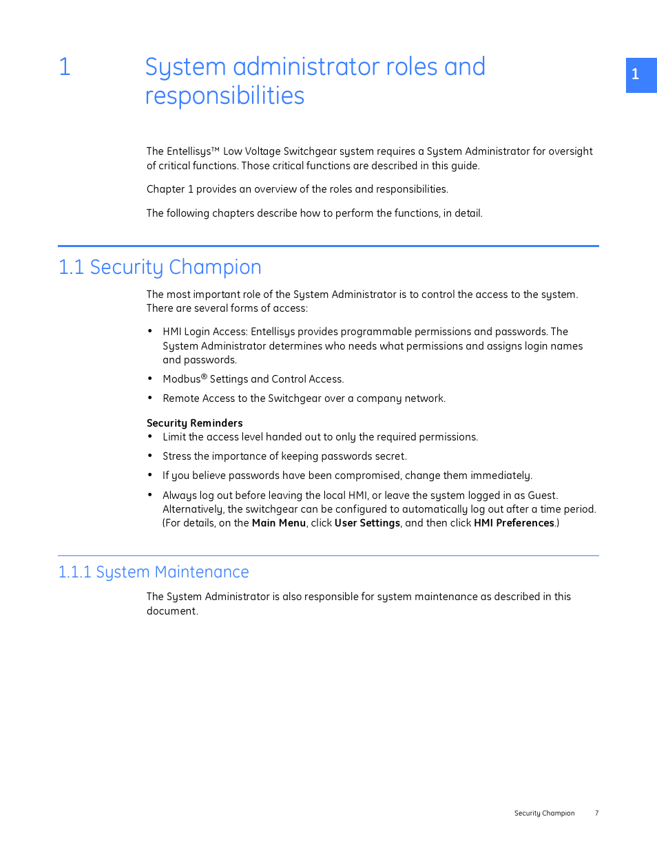 System administrator roles and responsibilities, 1 security champion, 1 system maintenance | 1 system administrator roles and responsibilities, 1system administrator roles and responsibilities | GE Industrial Solutions Entellisys System Administrator Manual User Manual | Page 7 / 62
